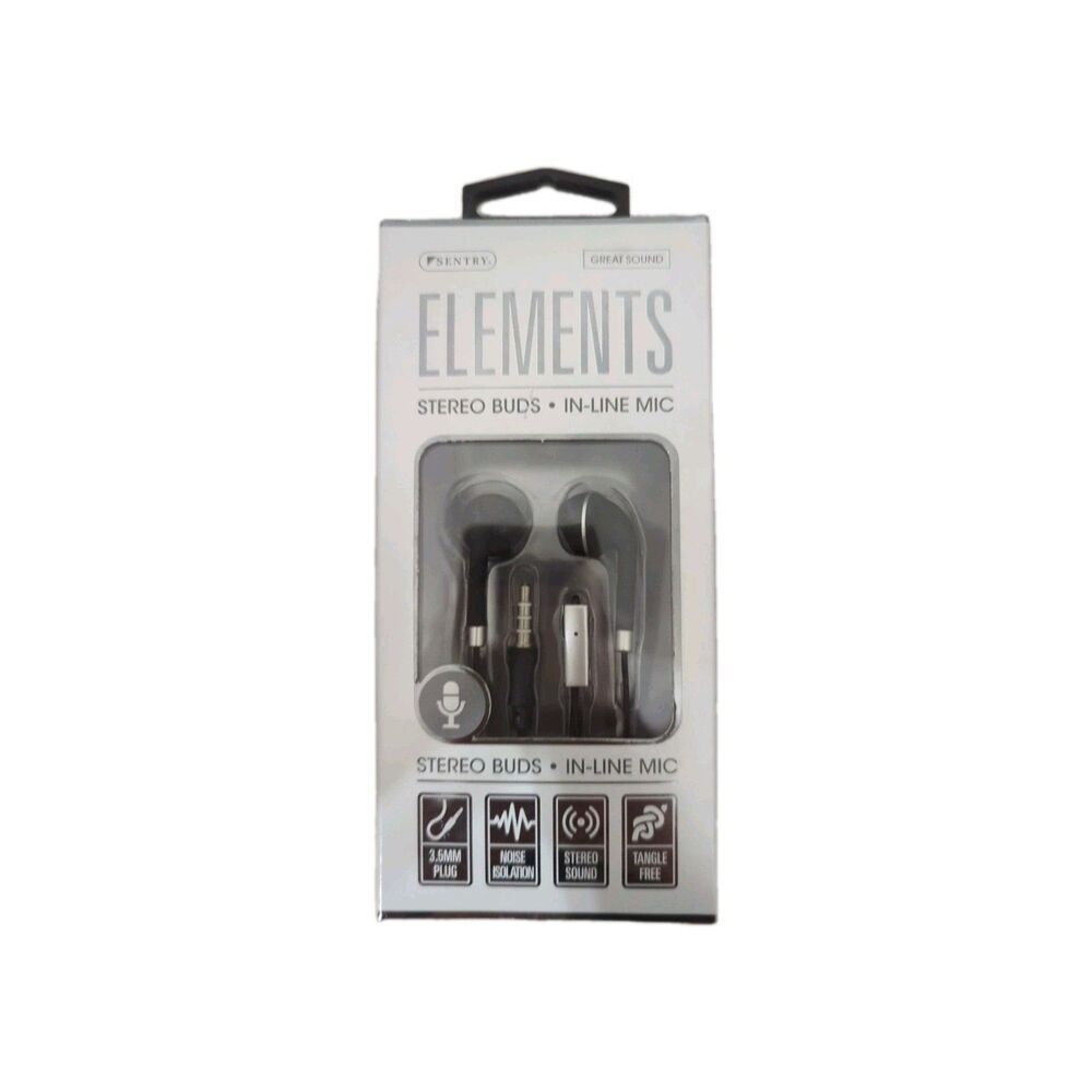 Sentry Elements Stereo Earbuds Black & Silver In-Line Mic Headphones New